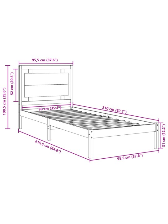 Sängynrunko erikoispitkä ilman patjaa 90x210 cm massiivipuu