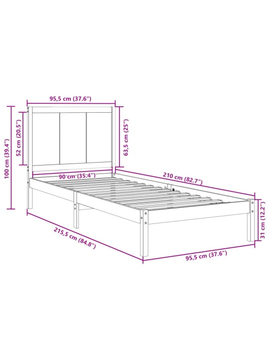 Sängynrunko erikoispitkä ilman patjaa 90x210 cm massiivipuu