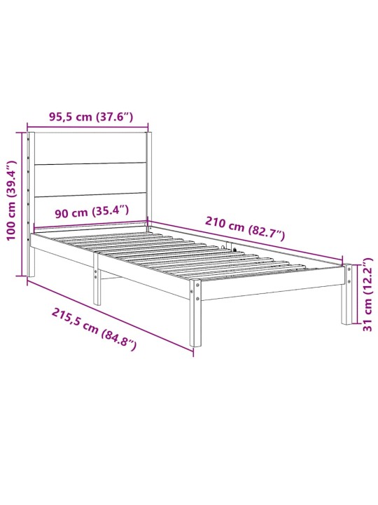 Sängynrunko erikoispitkä ilman patjaa 90x210 cm massiivipuu