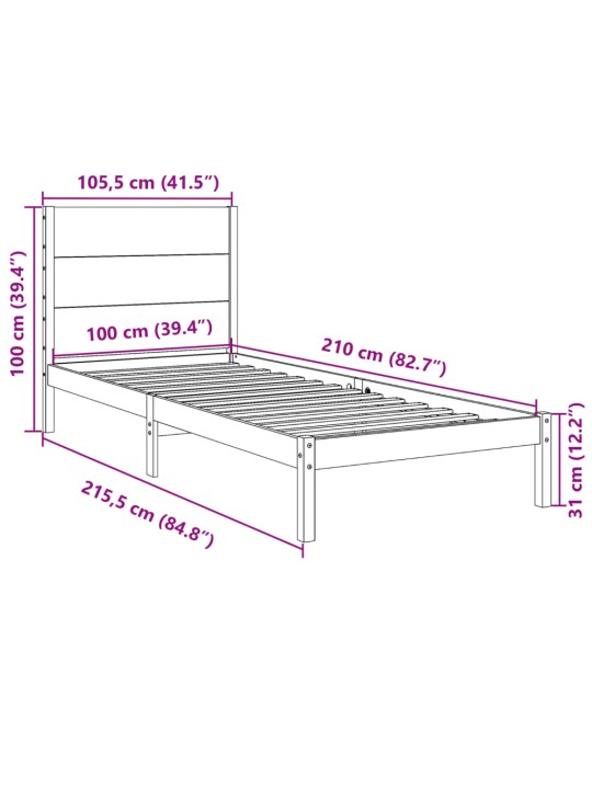 Sängynrunko erikoispitkä ilman patjaa 100x210 cm massiivipuu