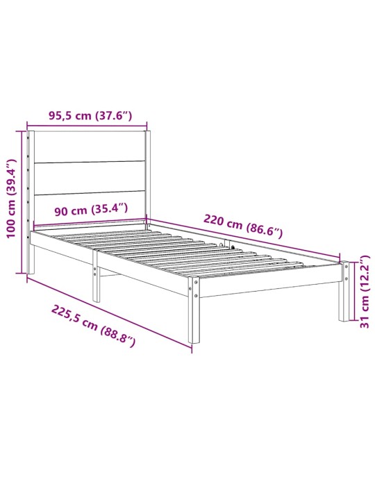 Sängynrunko erikoispitkä ilman patjaa 90x220 cm massiivipuu