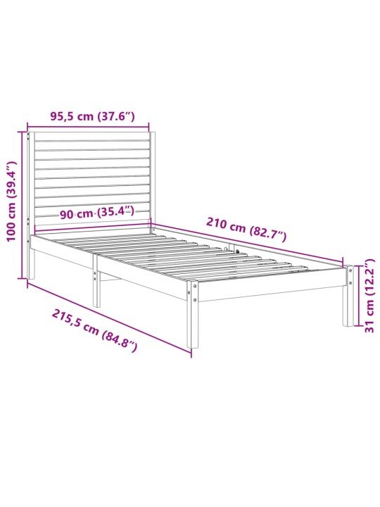 Sängynrunko erikoispitkä ilman patjaa 90x210 cm massiivipuu