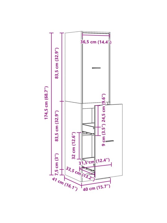 Apteekkarinkaappi betoninharmaa 40x41x174,5 cm tekninen puu