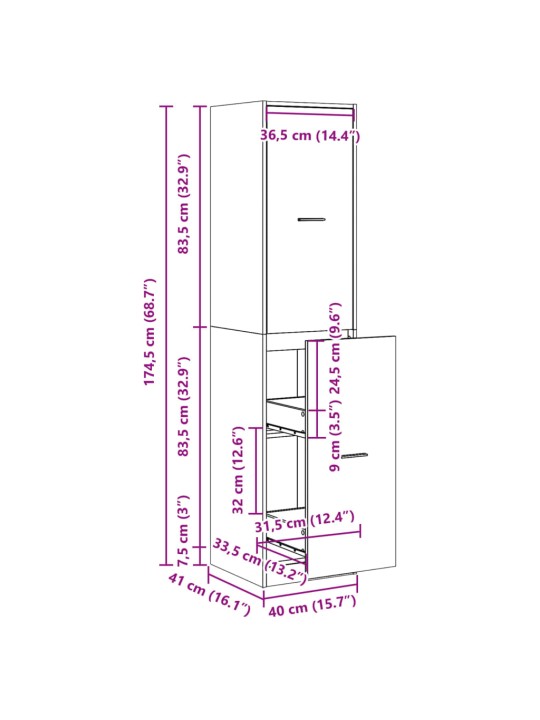 Apteekkarinkaappi savutammi 40x41x174,5 cm tekninen puu