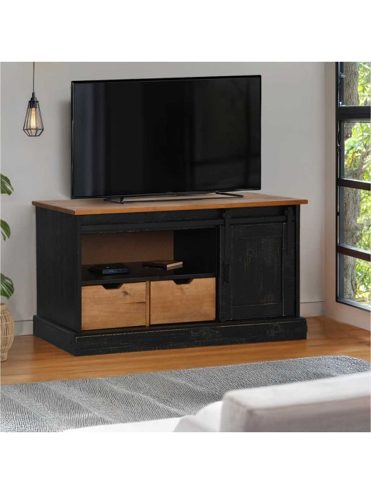 Tv-kaappi halden liukuovella musta 110x40x60 cm massiivipuu