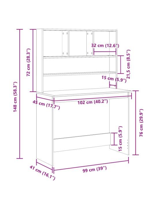 Työpöytä hyllyillä käsityöläinen tammi 102x45x148 cm