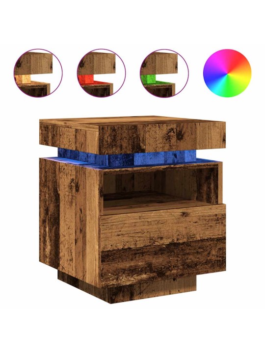Yöpöytä led-valoilla vanhaa puuta 40x39x48,5 cm