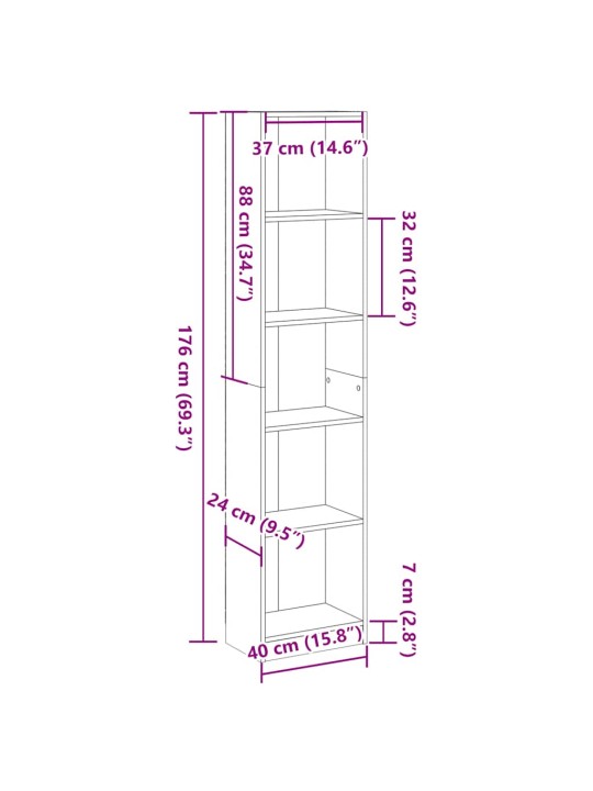 Kirjahylly betoninharmaa 40x24x176 cm tekninen puu