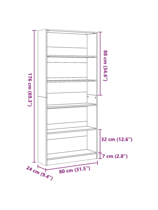 Kirjahylly betoninharmaa 80x24x176 cm tekninen puu