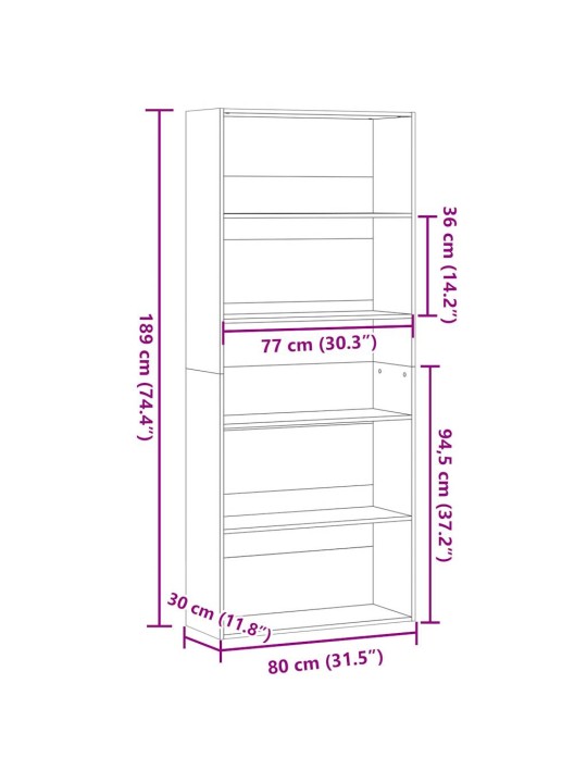 Kirjahylly betoninharmaa 80x30x189 cm lastulevy