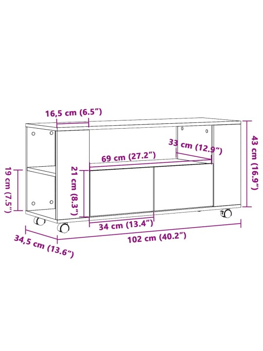 TV-kaappi pyörillä vanha puu 102x34,5x43 cm teknillinen puu