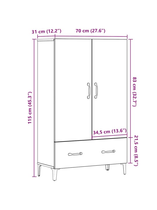 Kaappi vanhaa puuta 70x31x115 cm tekninen puu