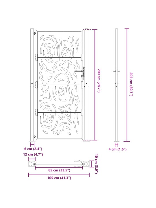 Puutarhaportti musta 105x205 cm teräsliekki design