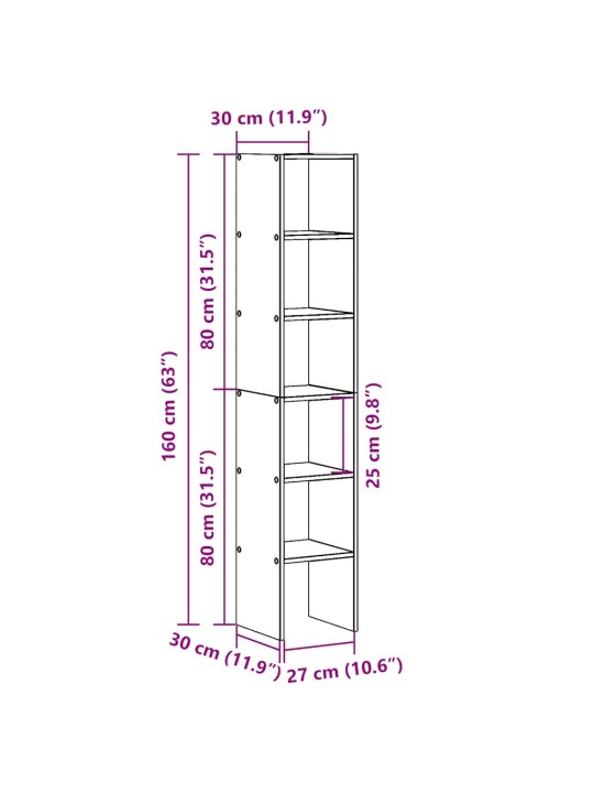 Kirjahyllyt 2kpl pinottava musta tammi 30x30x80 cm tekninen puu