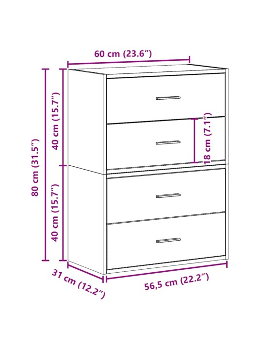 Kaapit 2 laatikkoa 2kpl ruskea tammi 60x31x40cm teknillinen puu