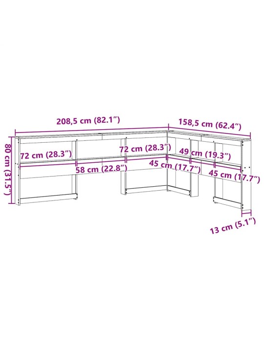 Kirjahyllyn pääty L-muotoinen valkoinen 140 cm massiivipuumänty