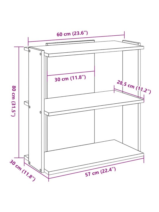Kirjahylly 3-kerroksinen betoniharmaa 60x30x80 cm tekninen puu
