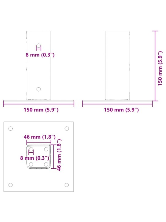 Pylväiden jalustat neliö 12 kpl hopea 46x46 mm galvanoitu teräs