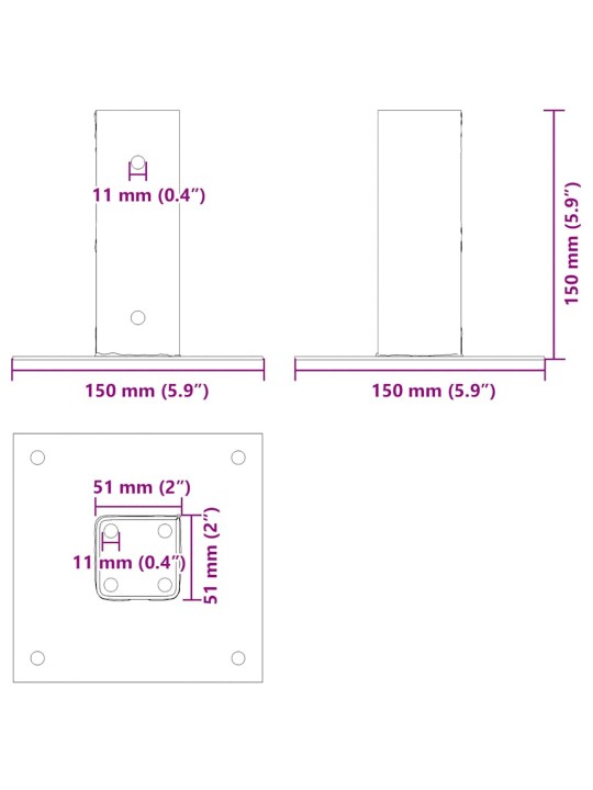 Pylväiden jalustat neliö 12 kpl hopea 51x51 mm galvanoitu teräs