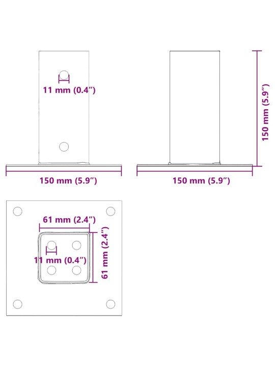 Pylväiden jalustat neliö 12 kpl hopea 61x61 mm galvanoitu teräs