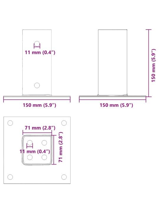 Pylväiden jalustat neliö 12 kpl hopea 71x71 mm galvanoitu teräs