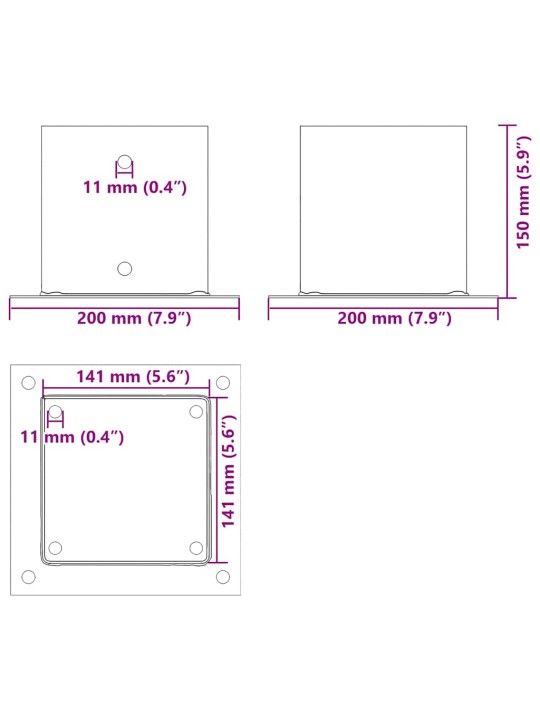 Pylväiden jalustat neliö 12kpl hopea 141x141mm galvanoitu teräs