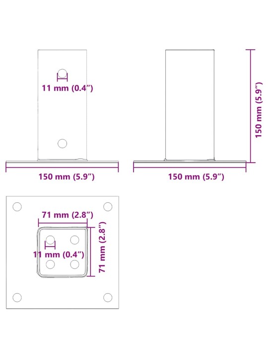 Pylväiden pohjat neliö 12 kpl 71x71 mm jauhemaalattu teräs