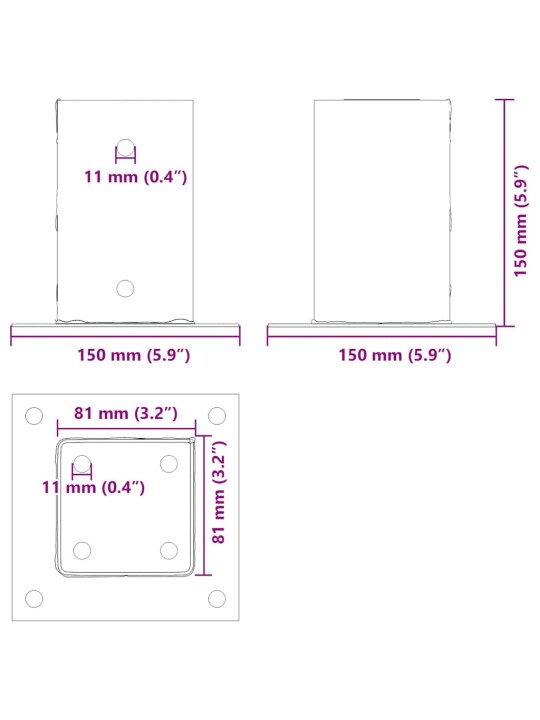 Pylväiden pohjat neliö 12 kpl 81x81 mm jauhemaalattu teräs
