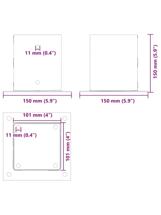 Pylväiden pohjat neliö 12 kpl 101x101 mm jauhemaalattu teräs