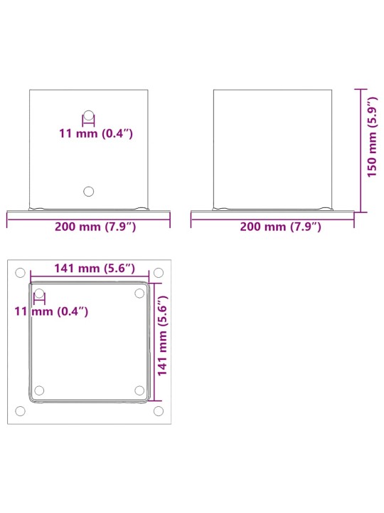 Pylväiden pohjat neliö 12 kpl 141x141 mm jauhemaalattu teräs