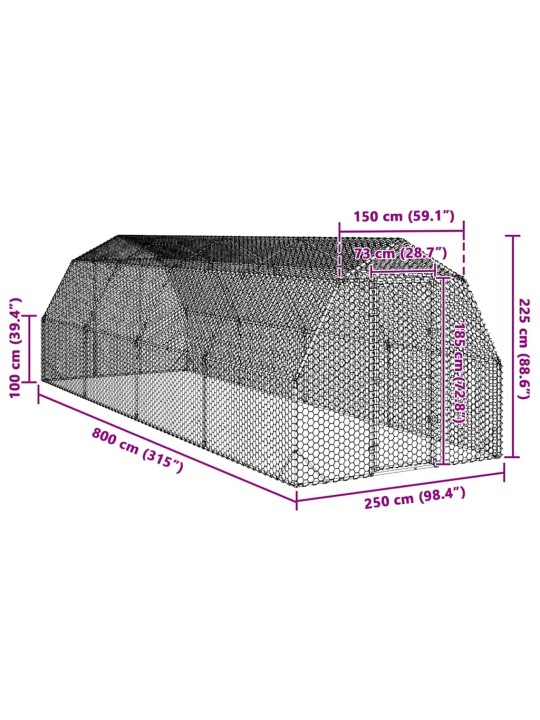 Kanan juoksu 2,5x8x2,25 m galvanoitua terästä