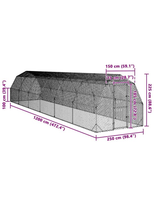 Kanan juoksu 2,5x12x2,25 m galvanoitua terästä