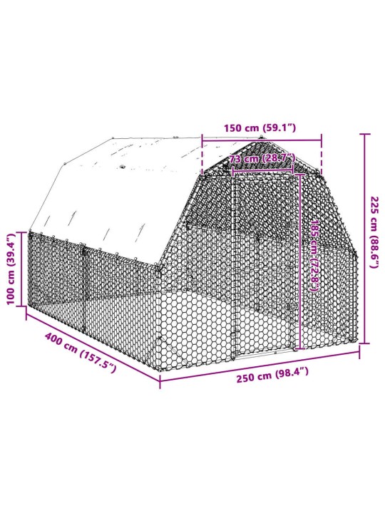 Kanan juoksu katolla 2,5x4x2,25 m galvanoitua terästä