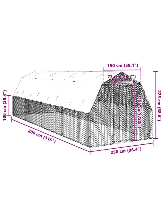 Kanan juoksu katolla 2,5x8x2,25 m galvanoitua terästä