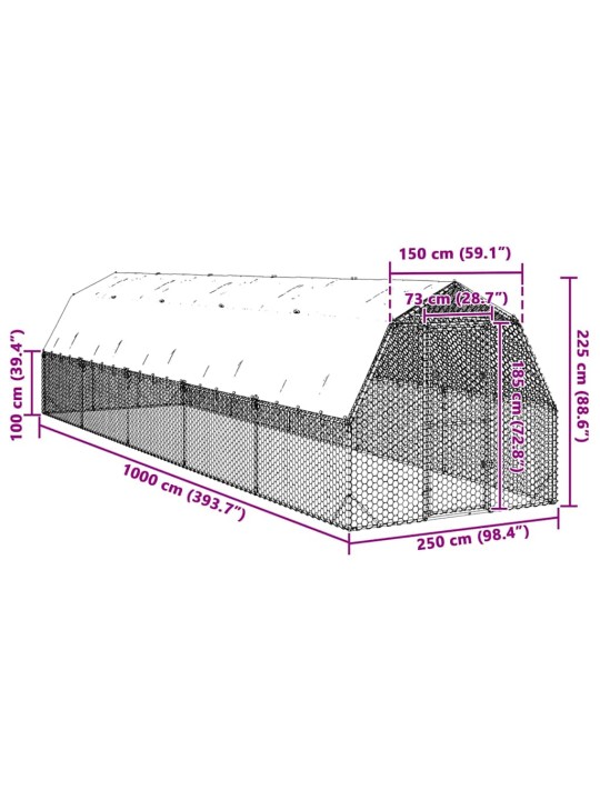 Kanan juoksu katolla 2,5x10x2,25 m galvanoitua terästä