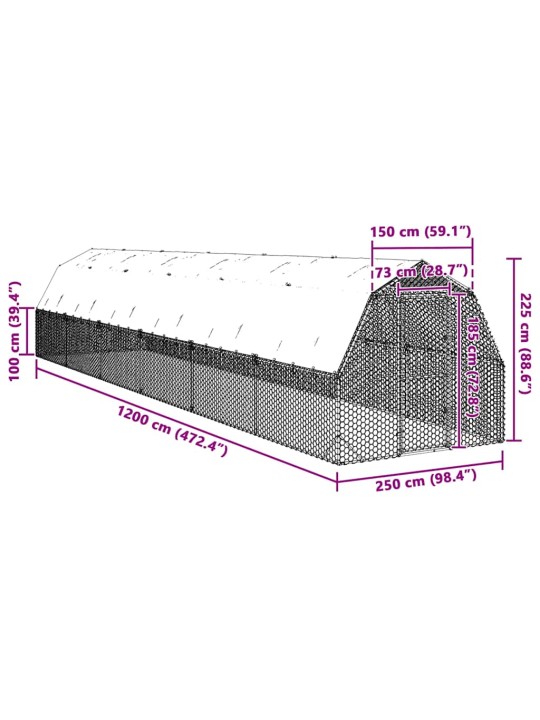 Kanan juoksu katolla 2,5x12x2,25 m galvanoitua terästä