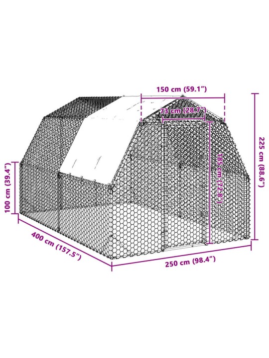 Kanan juoksu katolla 2,5x4x2,25 m galvanoitua terästä