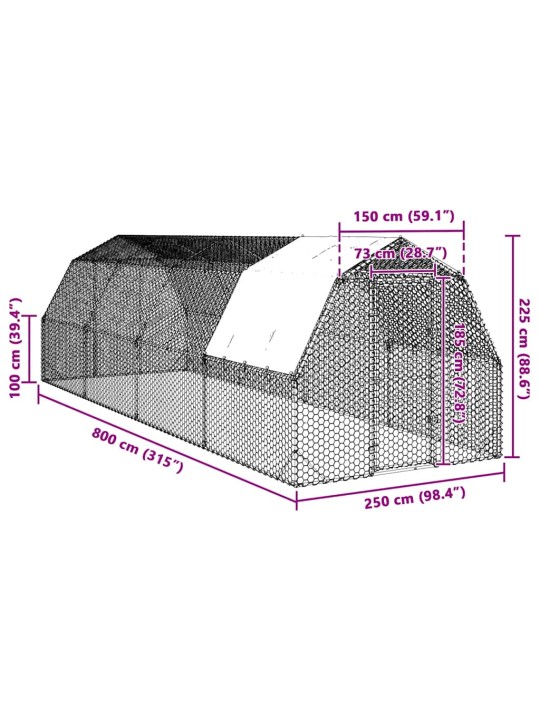 Kanan juoksu katolla 2,5x8x2,25 m galvanoitua terästä