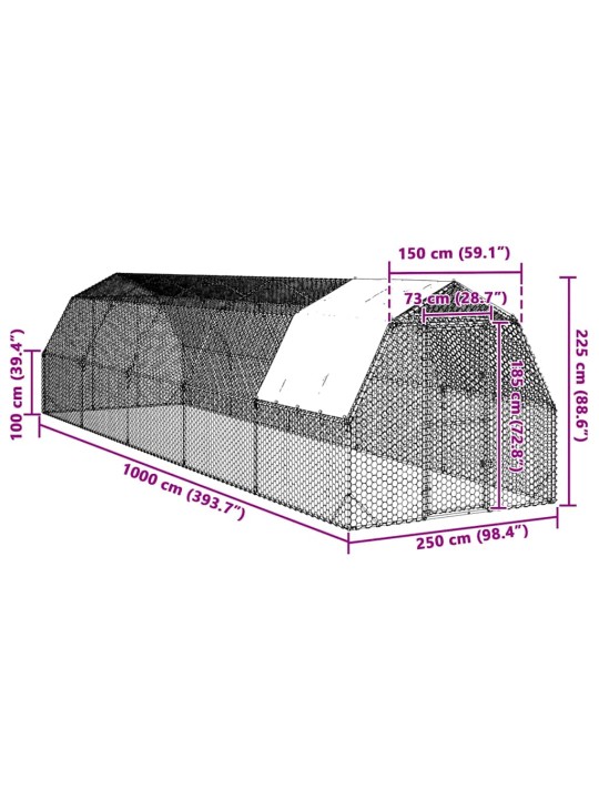 Kanan juoksu katolla 2,5x10x2,25 m galvanoitua terästä