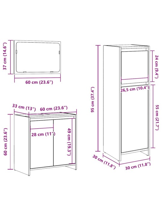 3-osainen Kylpyhuonekalustesarja vanha puu tekninen puu