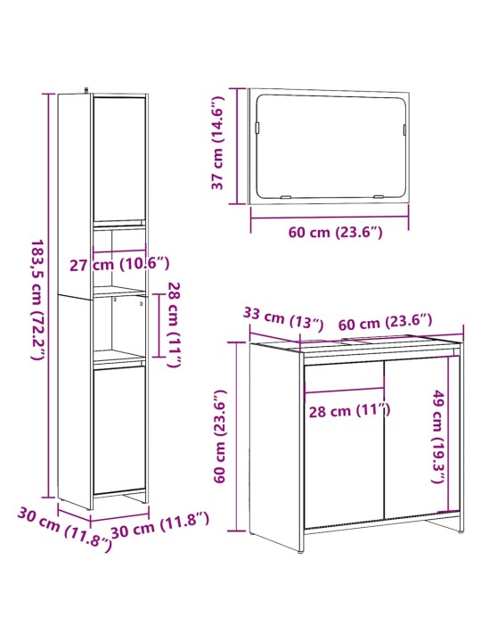3-osainen Kylpyhuonekalustesarja vanha puu tekninen puu