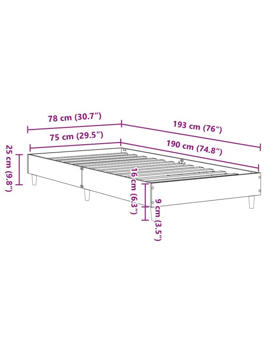 Sängynrunko ei patjaa harmaa sonoma 75x190 cm suunniteltu puu