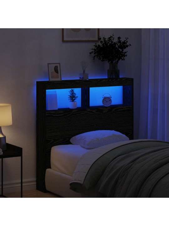 Sängynpäätykaappi led-valoilla musta tammi 100x17x102 cm