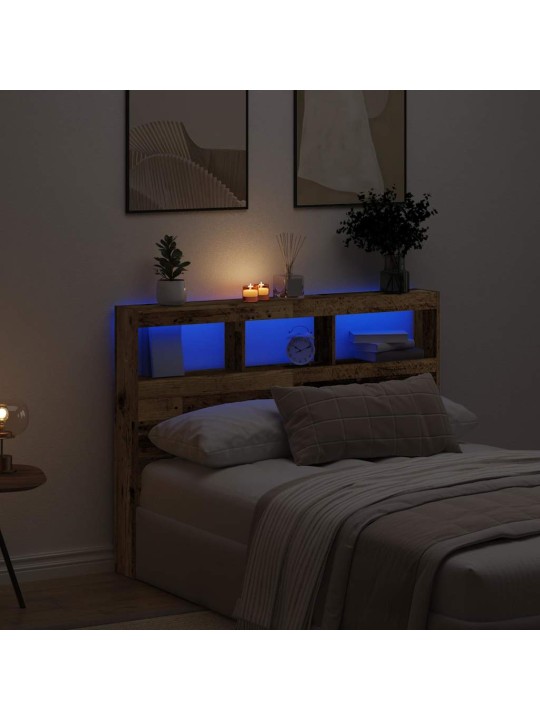 Sängynpäätykaappi led-valoilla vanhaa puuta 140x17x102 cm