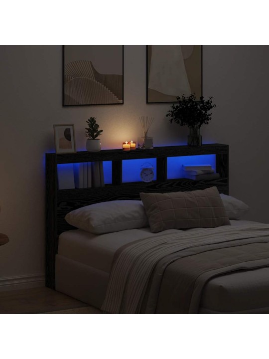 Sängynpäätykaappi led-valoilla musta tammi 160x17x102 cm