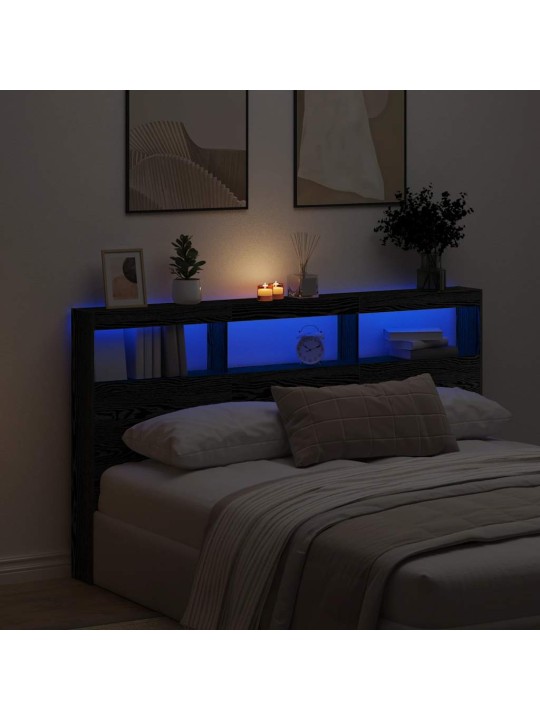 Sängynpäätykaappi led-valoilla musta tammi 180x17x102 cm