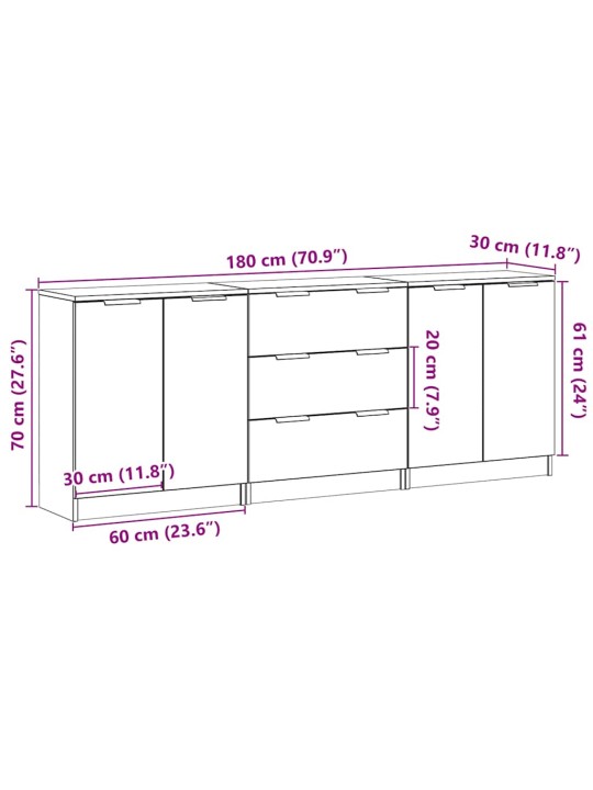 Senkit 3 kpl Käsityöläinen tammi 60x30x70 cm suunniteltu puu