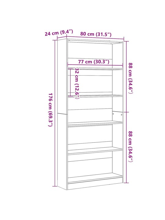 Kirjahylly musta tammi 80x24x176 cm tekninen puu