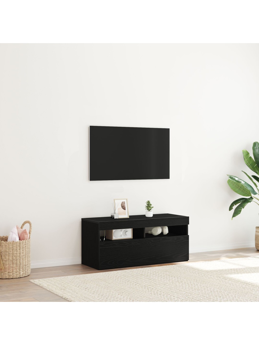 Tv-taso led-valoilla, musta tammi, 90x35x40 cm, tekninen puu