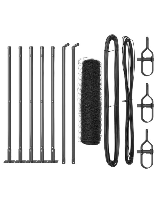 Kuusikulmainen aita Harmaa 0.4x10 m Teräs, Aitapylväät kengillä 7 kpl Ø32mm 50cm Galvanoitu teräs